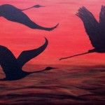 Kraniche am Abend, 140 x 70 x 3,5 Acryl auf Leinwand
