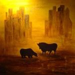 Bulle und Bär, 100 x 100 Acryl/Blattgold auf Leinwand