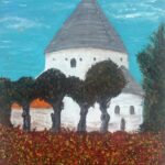 Bornholmer Rundkirche mit Herbstlaub, 40 x 30 Acryl auf Leinwand, verkauft 